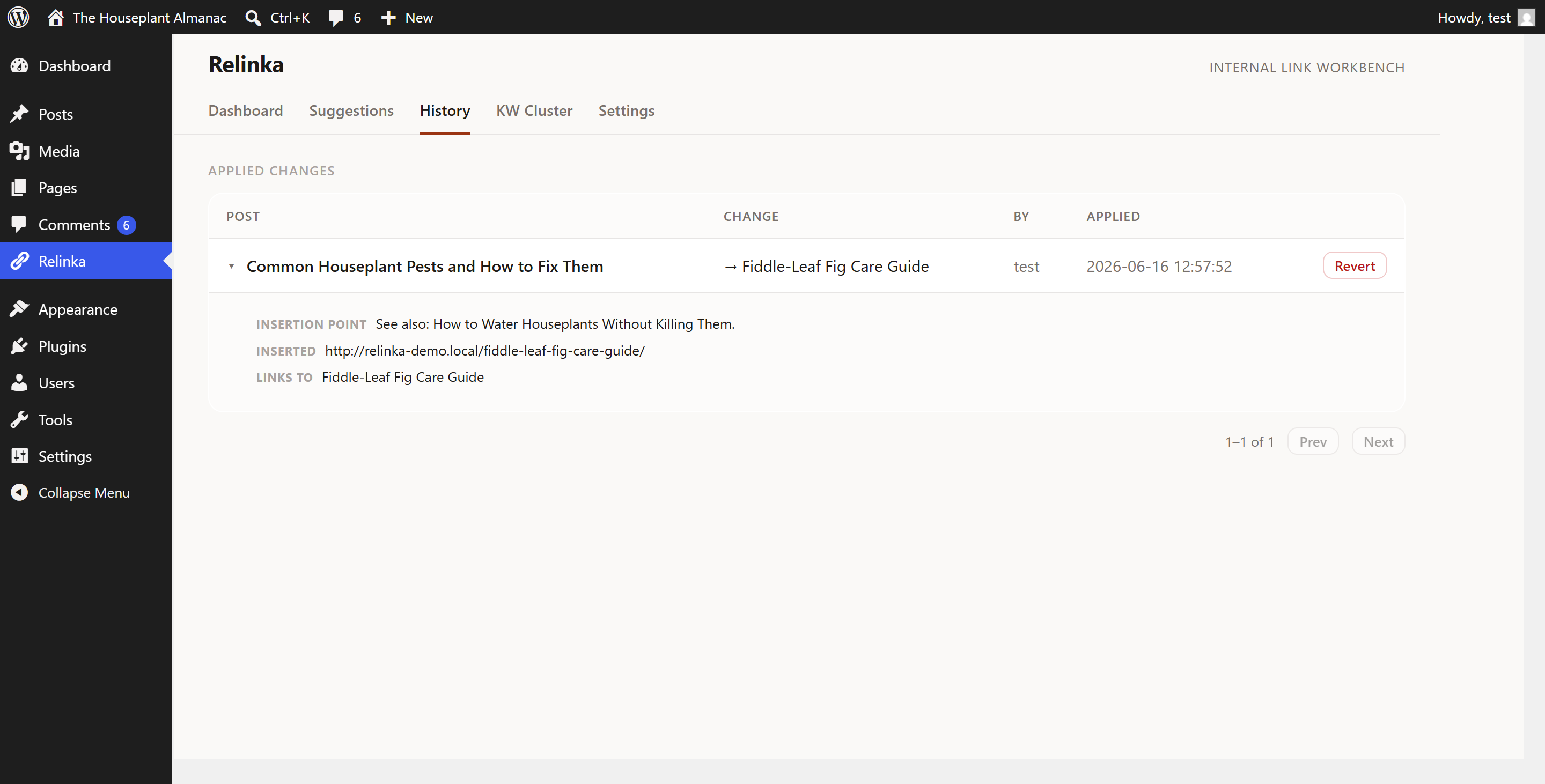Relinka history tab with one-click revert